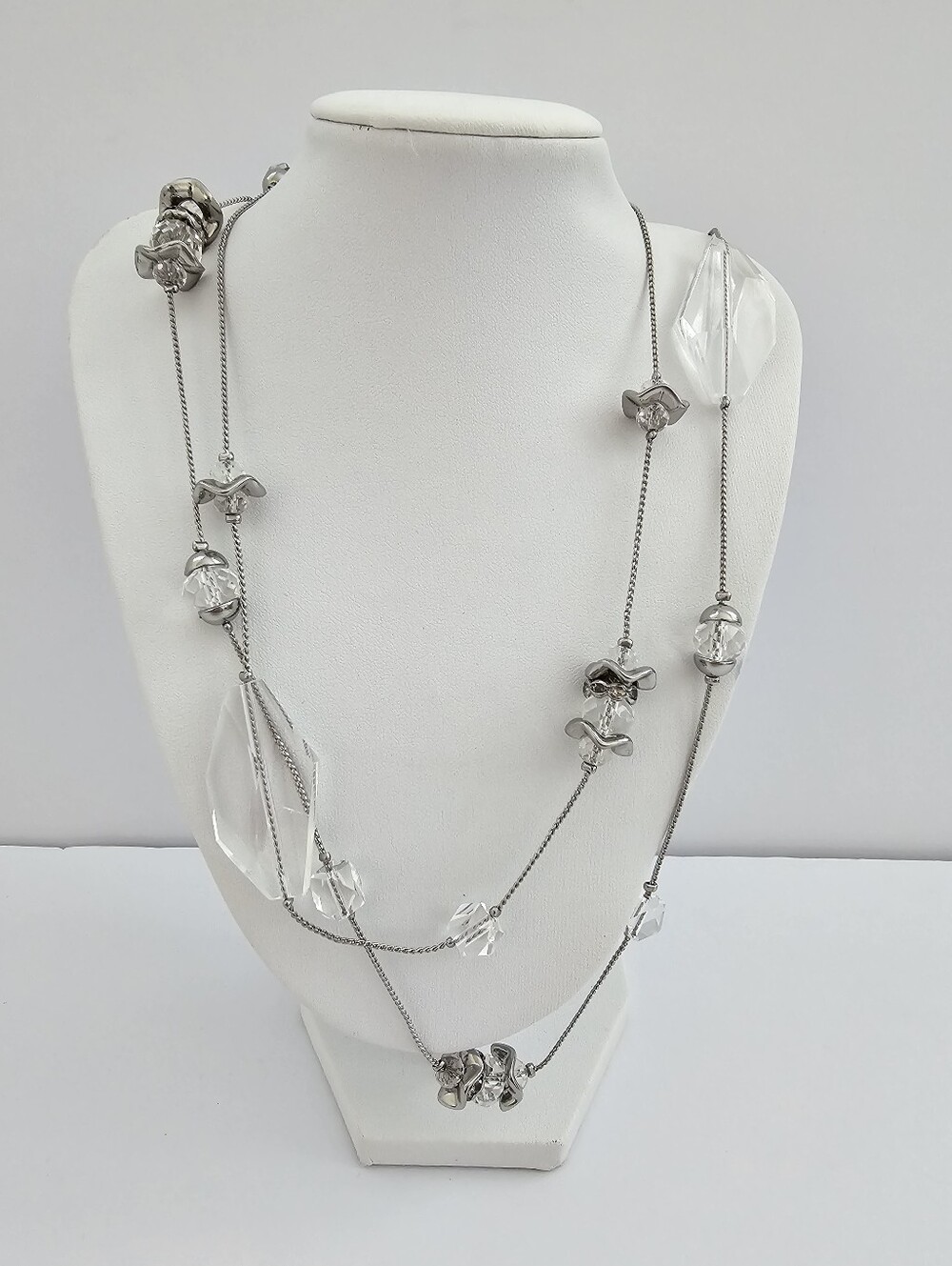 Chico's Silver Tone Layered Station Necklace Clear Lucite Crystal Flapper Long​